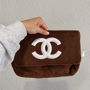 CHANEL Brown Terry Cloth Clutch with White CC Emblem (GWP)